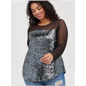 Torrid Black Sequin Mesh Long Sleeve Party Top Plus Size 2 2X 18/20 Keyhole Back